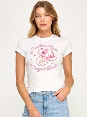 A342. White "Southern Roots Cowgirl Boots" Graphic Baby Tee